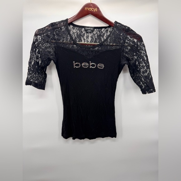 Bebe Rhinestone Lace Black Top Small - Picture 2 of 8